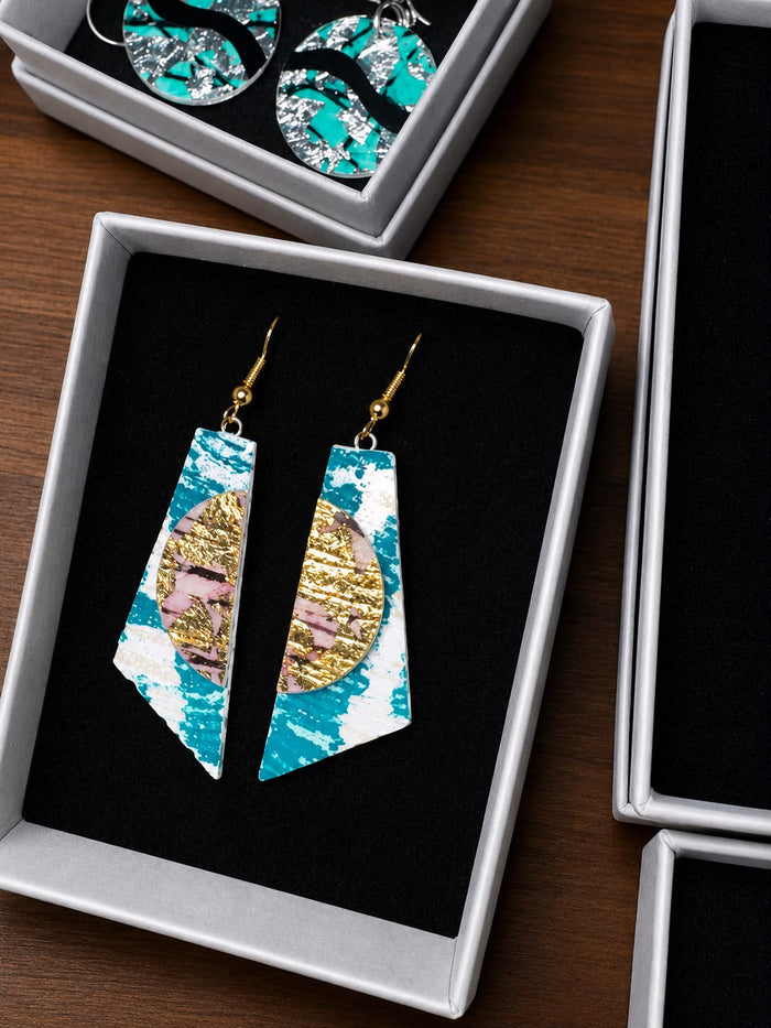 Cora batik textile earrings Blue with rose gold half moon