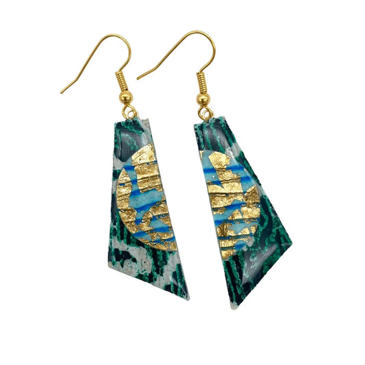 Cora batik textile earrings in dark green/gold/aqua