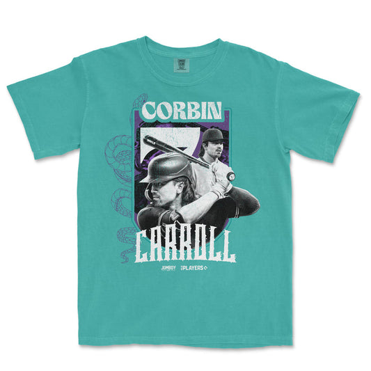 A teal T-shirt featuring a graphic of Corbin Carroll, a baseball player, with a snake illustration and bold text design.