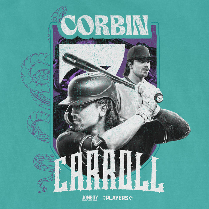 Graphic design featuring Corbin Carroll, a baseball player, with images of him in batting gear and a bat, and stylized text.