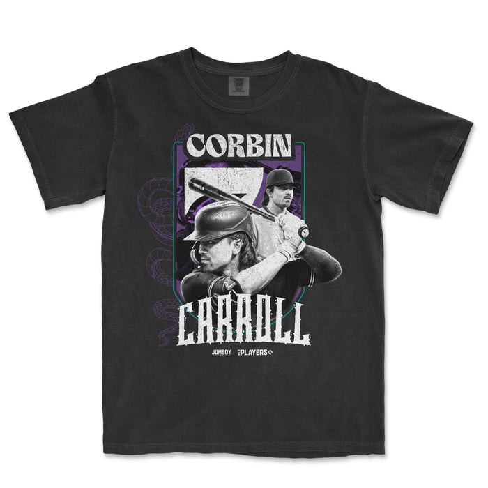 Black T-shirt featuring black-and-white images of Corbin Carroll with a purple snake illustration in the background and bold white text.