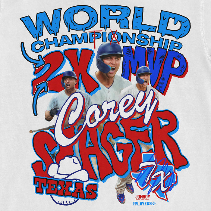 Graphic design featuring Corey Seager with text highlighting his 2x Series MVP awards, surrounded by colorful baseball-themed elements.