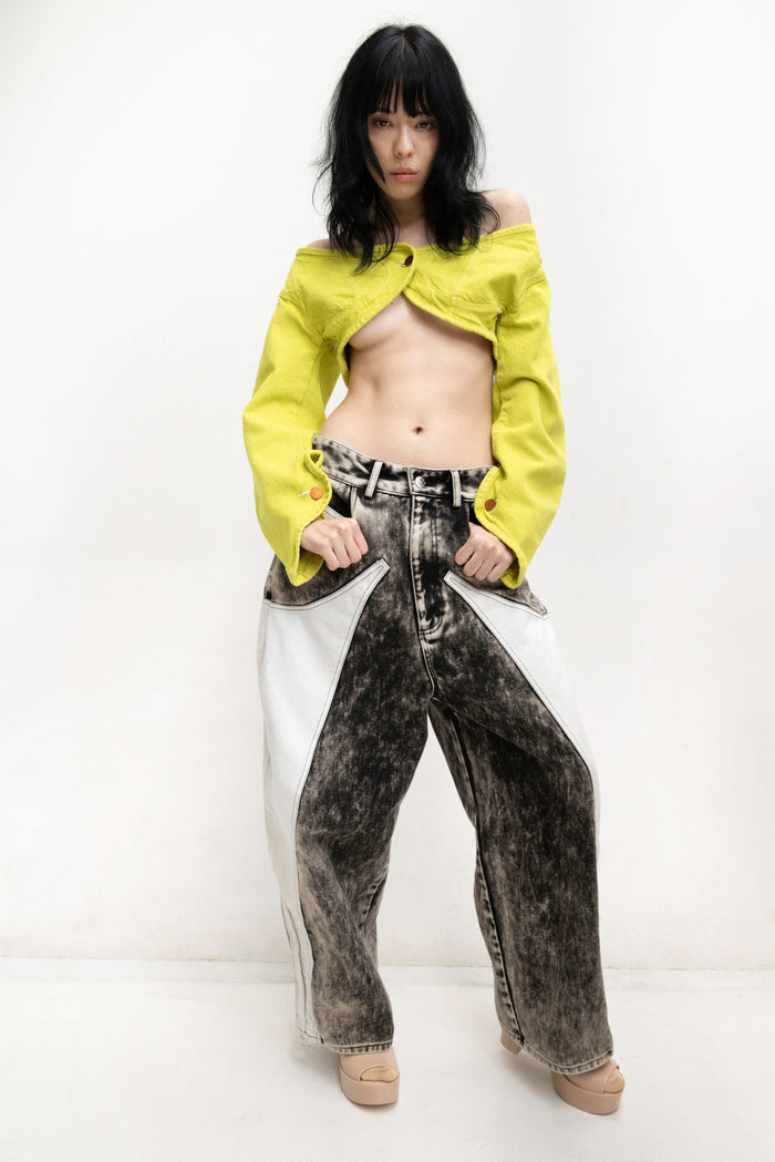 MANCANDY Cowboy Rider Jeans in acid wash denim featuring organic contrasting side panels and a relaxed baggy silhouette.