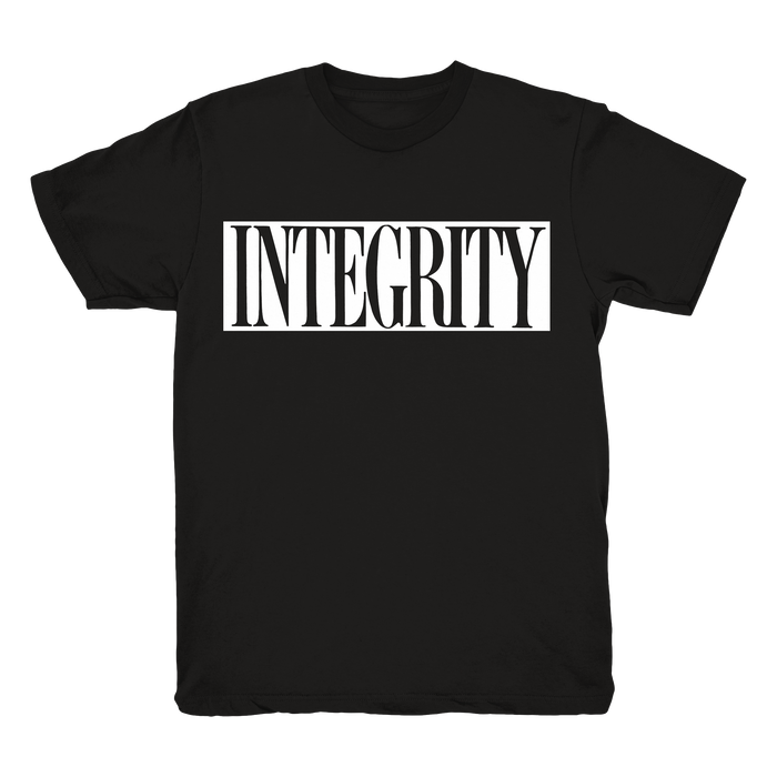 A black Integrity brand Heavy Cotton T-shirt with the word INTEGRITY in bold white all-caps letters inside a white rectangular border on the front.