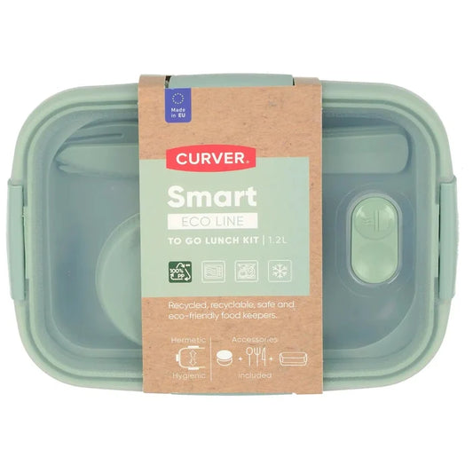 Curver Smart To Go Lunch Kit in green plastic with cutlery and sauce pot