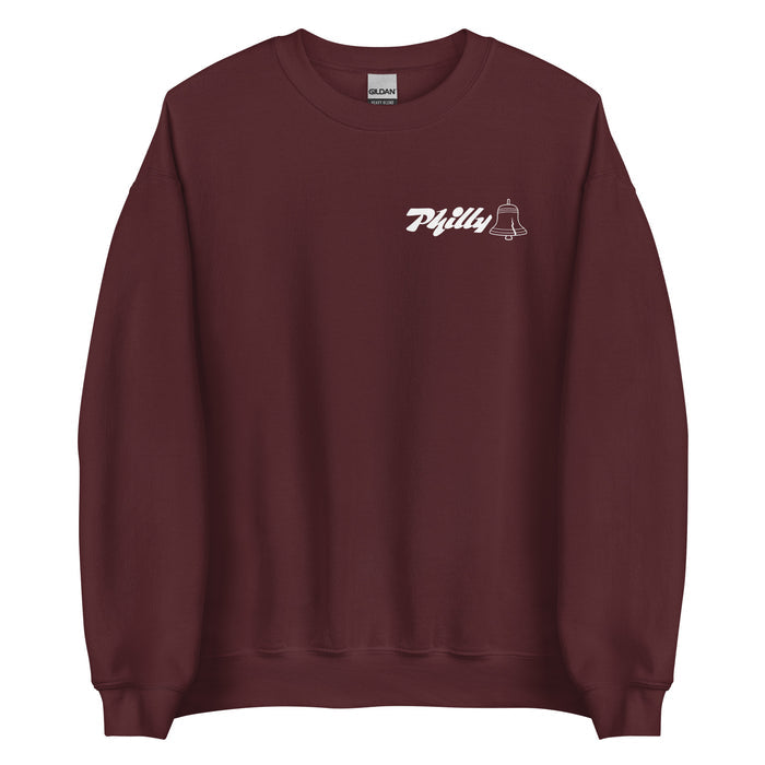 Maroon crewneck sweatshirt with "Philly" text and a bell graphic on the chest, celebrating Philadelphia's dance scene.