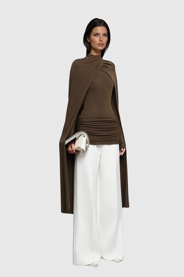 Danielius Bodycon Ruch Shawl Top In Brown