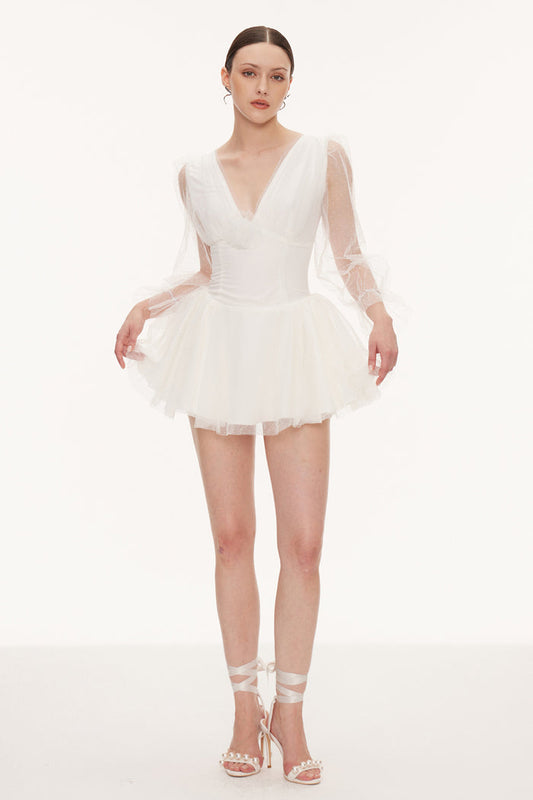 Danyal Flower Balloon Sleeve Mesh Mini Dress In White