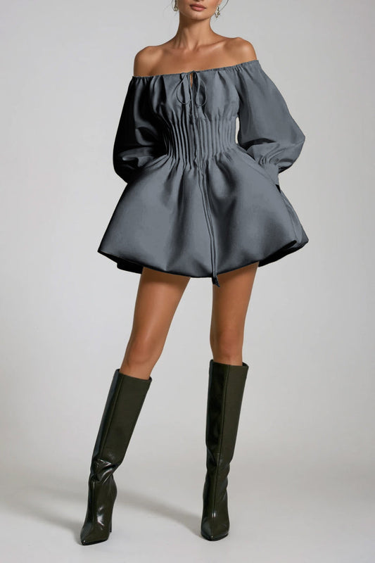 Daoud Off Shoulder Ruch Mini Dress In Grey