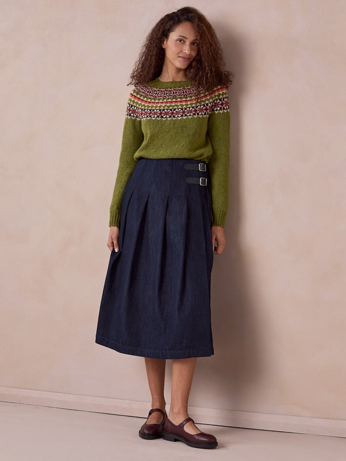Dark Wash Midi Denim Kilt