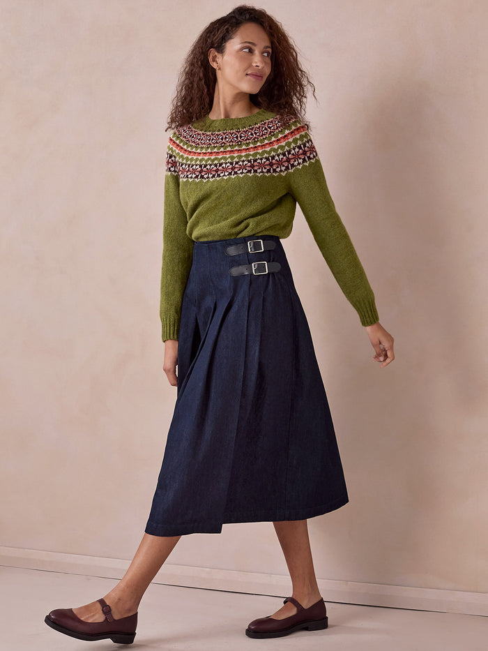Dark Wash Midi Denim Kilt
