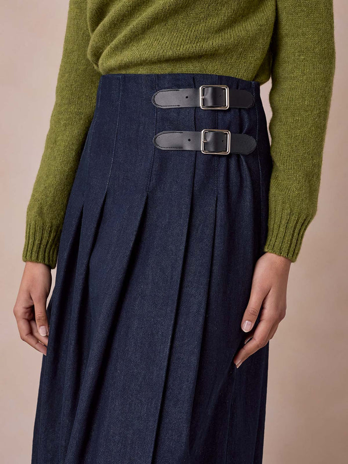 Dark Wash Midi Denim Kilt