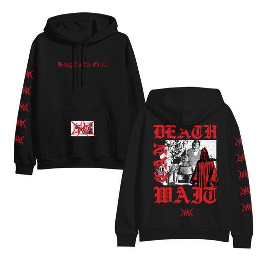 Being As An Ocean black pullover hoodie featuring “Bring Us A Lin Ocean” front text, bold DEATH CAN WAIT and Grim Reaper artwork on the back, red logo sleeve accents, and a fleece-lined hood. 80/20 cotton/polyester blend for comfort.