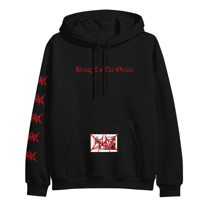Being As An Ocean black pullover hoodie with red gothic text on the chest, red spiked left sleeve design, sharp white-red pocket graphic, and an 80/20 cotton/polyester blend with a fleece-lined hood for comfort.