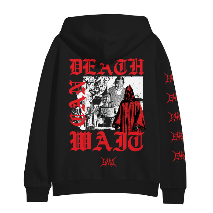 Being As An Ocean black pullover hoodie with a grayscale image of two people at a table, one in a red cloak. Bold red DEATH CAN WAIT text around the image and graphic text down both fleece-lined sleeves. 80/20 cotton/polyester.