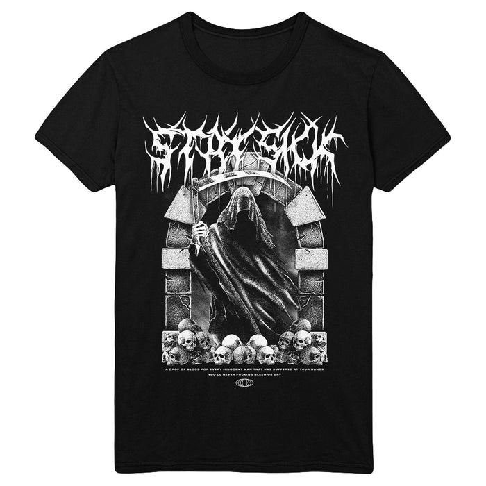 Stay Sick Clothing black T-shirt with a hooded Reaper holding a scythe in a stone doorway above skulls, featuring stylized white Death Metal band logo and text printed above and below the image.
