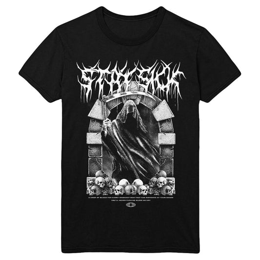 Stay Sick Clothing black T-shirt with a hooded Reaper holding a scythe in a stone doorway above skulls, featuring stylized white Death Metal band logo and text printed above and below the image.
