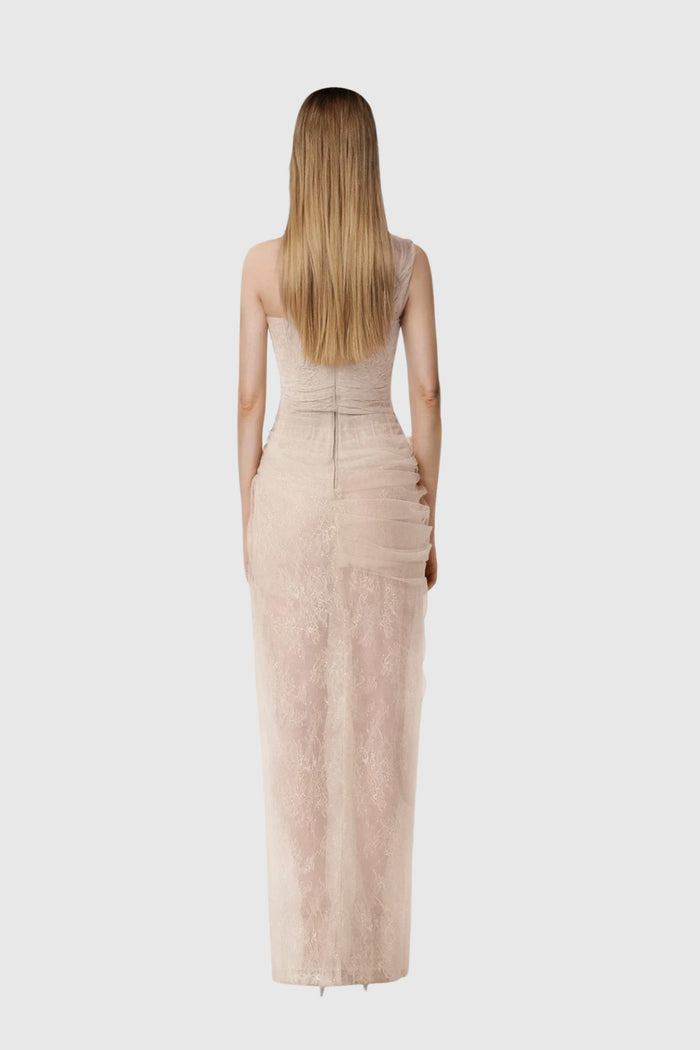 Dechen One Shoulder Corset Mesh Maxi Dress In Apricot