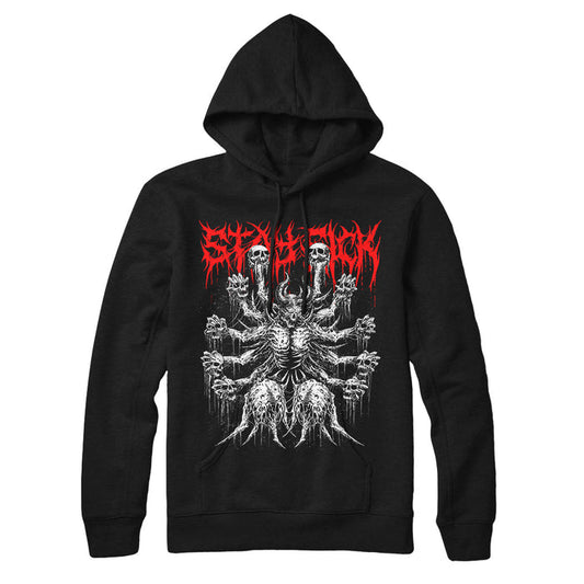 Stay Sick Clothing black pullover hoodie with a red, spiky Demon Lord band logo on top and a white, detailed multi-armed monstrous creature with dripping, skeletal features on the front.