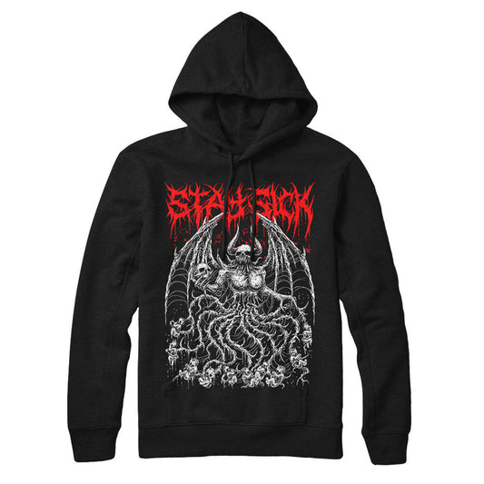A black pullover hoodie from Stay Sick Clothing, featuring a graphic of the Demon Mother—a demonic winged creature with swirling figures and a jagged red logo above the artwork.