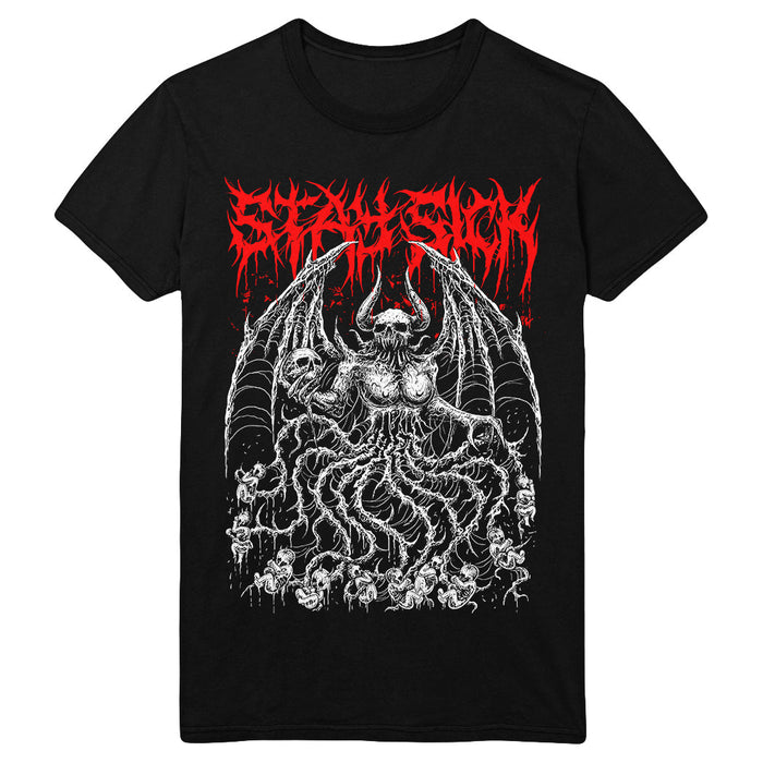 The Stay Sick Clothing Demon Mother T-Shirt features a detailed white graphic of a demonic, winged creature with horns and tentacle-like limbs, accented by bold red jagged text above for an unforgettable look.