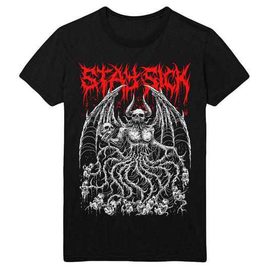 The Stay Sick Clothing Demon Mother T-Shirt features a detailed white graphic of a demonic, winged creature with horns and tentacle-like limbs, accented by bold red jagged text above for an unforgettable look.