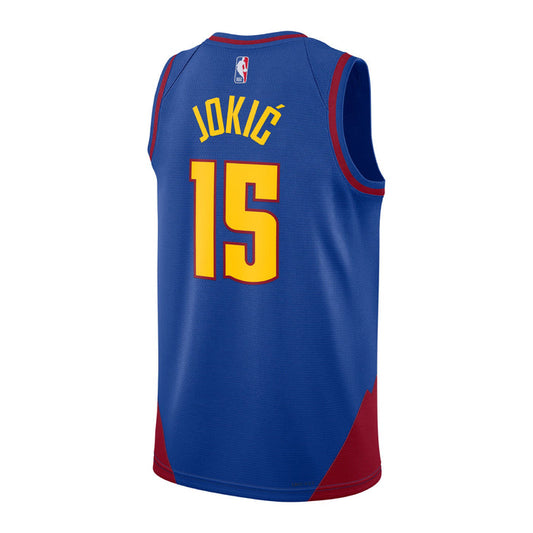 Royal Blue basketball jersey with Back view 'Jokic' in yellow and number '15' in white with red outline on a white background