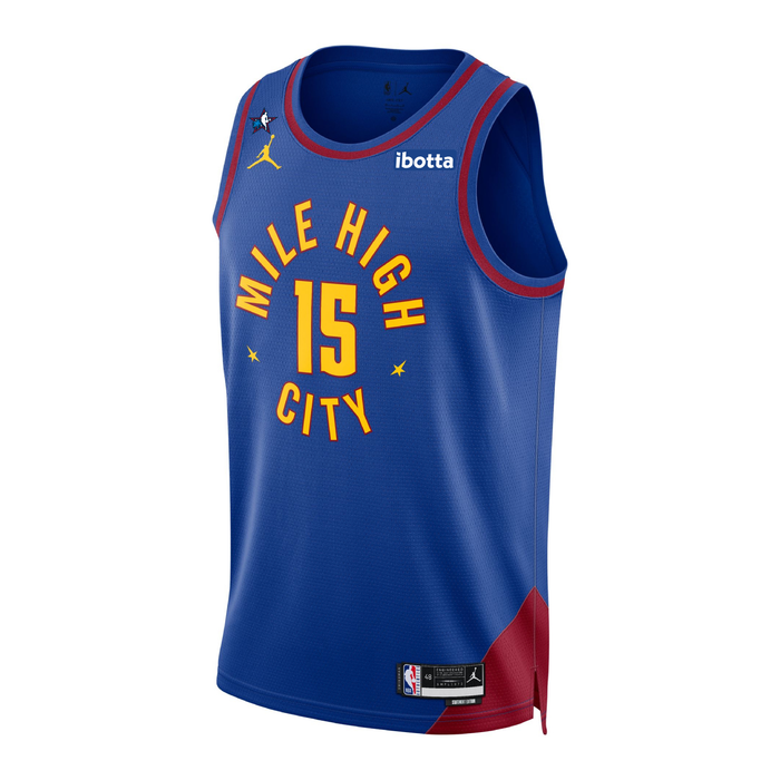 Front View, Royal Blue basketball jersey with 'Mile High City' in white and number '15' in gold, gold jumpman logo and Ibotta Sponsorship patch in white text and royal blue patch on a white background