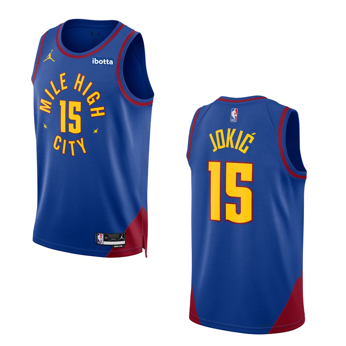 Front and back view of a blue Denver Nuggets Nikola Jokic jersey, featuring "Mile High City" and number 15 on the front, with "Jokic" and number 15 on the back
