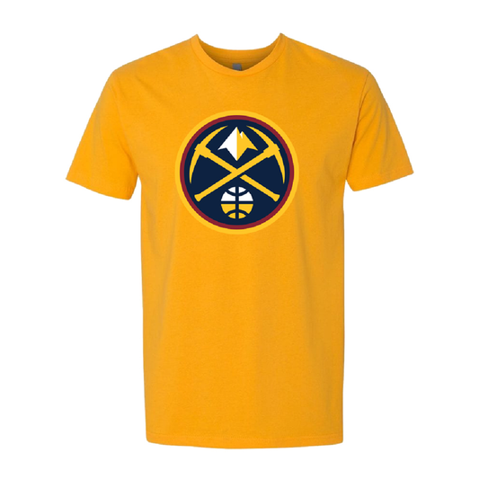 Front view, short sleeve gold yellow t-shirt with large Primary Nuggets logo featuring blue circle, trimed in yellow, inside yellow and white Pick Axe and Ball logos
