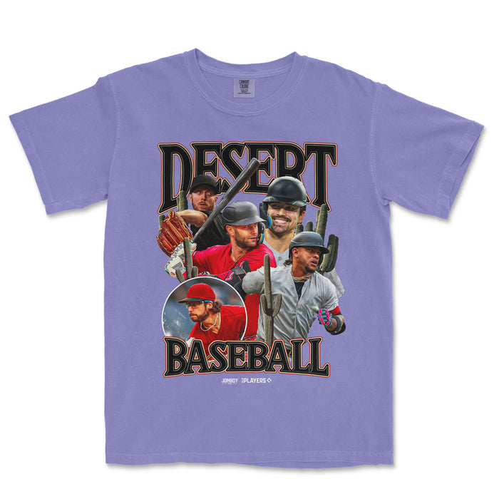 Purple Comfort Colors tee featuring a "Desert Baseball" graphic with five baseball players, cacti, and bold text.