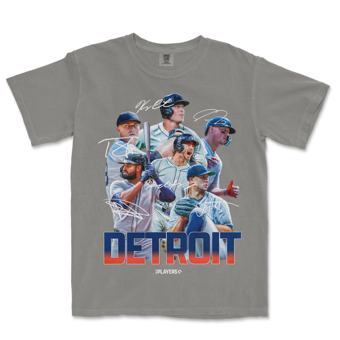 Gray Comfort Colors tee featuring a graphic of Detroit baseball players with "DETROIT" in bold letters and handwritten signatures.