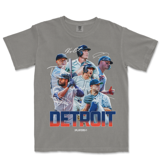 Gray Comfort Colors tee featuring a graphic of Detroit baseball players with "DETROIT" in bold letters and handwritten signatures.