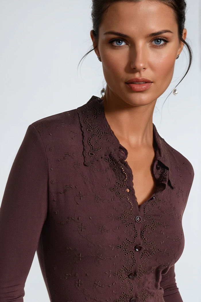Devadas Long Sleeve Embroidered Bodysuit In Brown