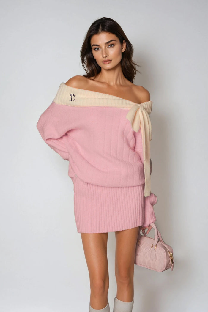 Devi Off Shoulder Bow Knit Mini Dress In Pink