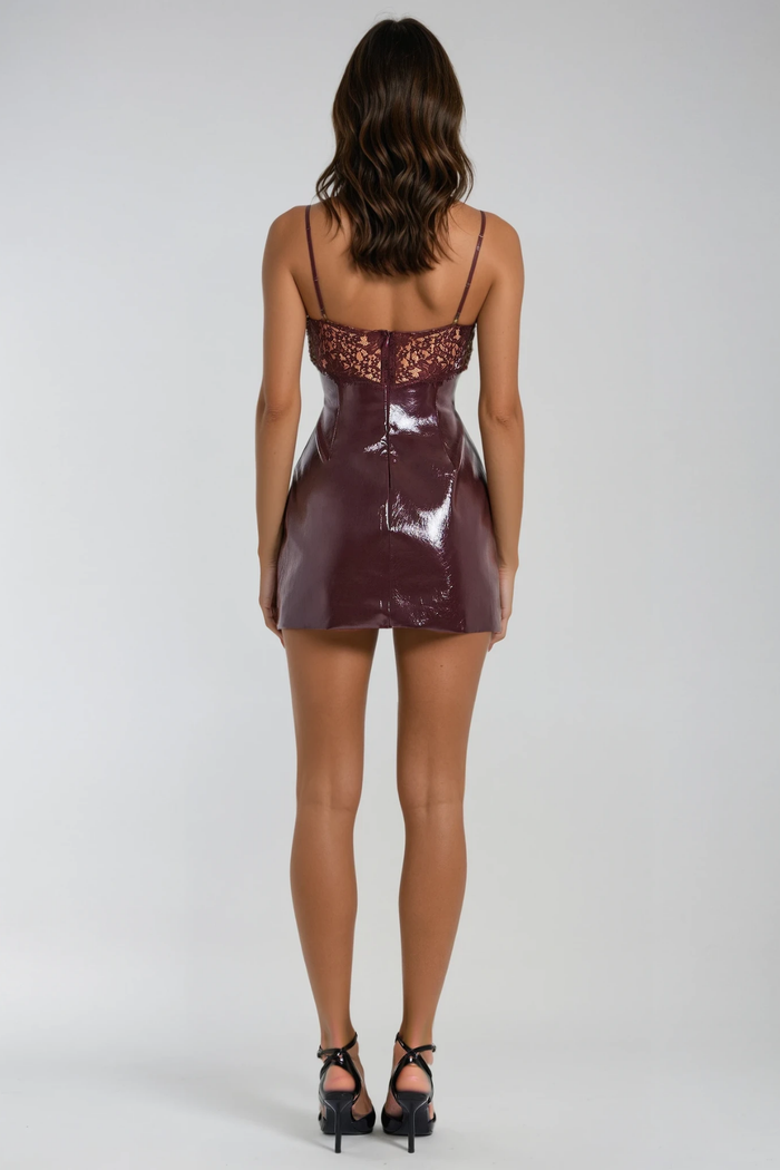 Devika Spaghetti Lace Leather Mini Dress