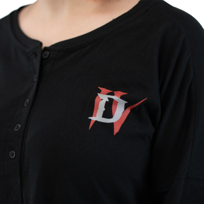 Diablo IV Logo Women's Black Long Sleeve T-Shirt - Close Up View on Model