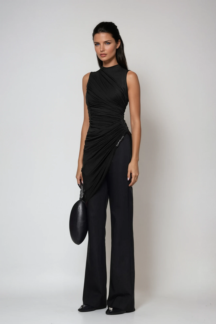 Dirce Ruch Bodycon Asymmetric Pants Set In Black