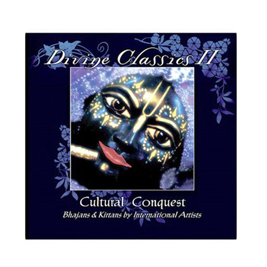 Mantralogys Divine Classics: Cultural Conquest album cover features Krishna’s face with white and yellow markings on a dark blue floral background, celebrating Vaishnava Hindu music.