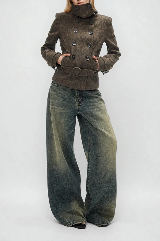 Djuradja Funnel Neck Belt Jacket In Brown