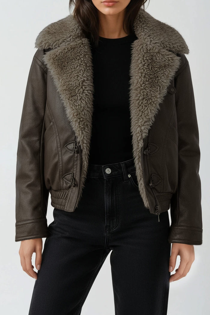 Dmitriy Faux Fur V Neck Leather Jacket