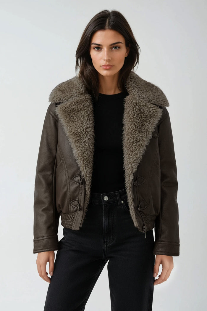 Dmitriy Faux Fur V Neck Leather Jacket