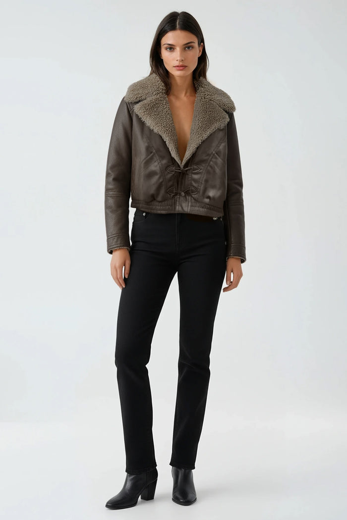 Dmitriy Faux Fur V Neck Leather Jacket