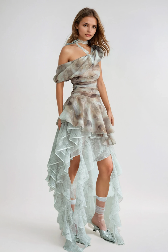 Dobroslav One Shoulder Tie Dye Ruffle Top