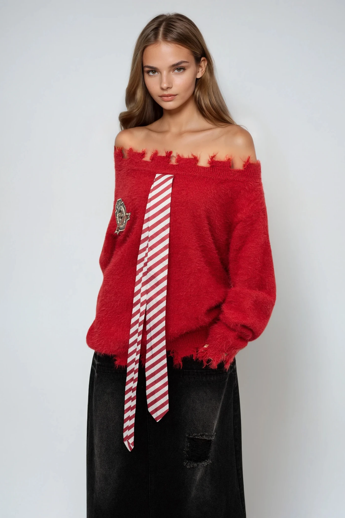 Dom Off Shoulder Knit Top In Red