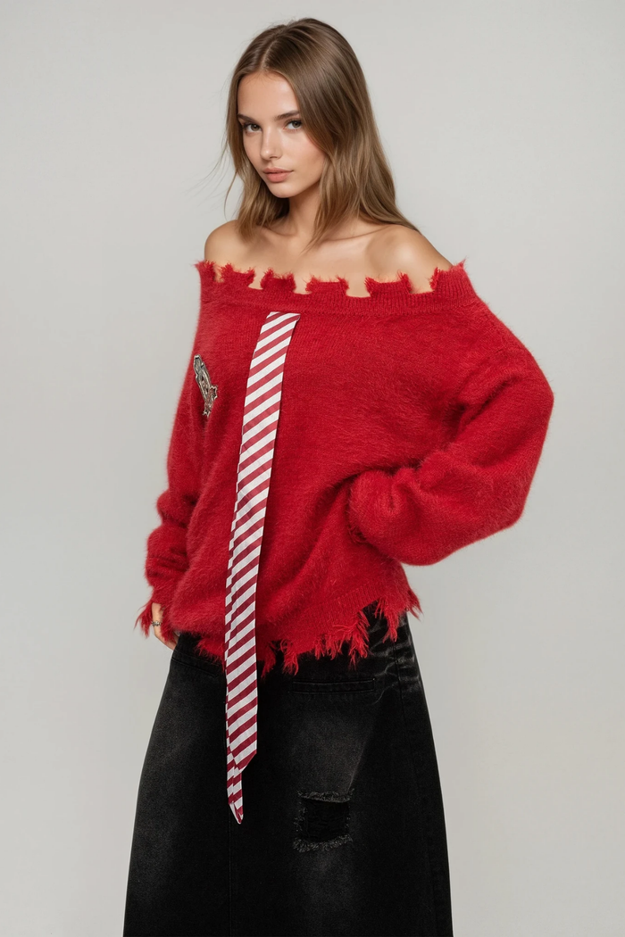 Dom Off Shoulder Knit Top In Red