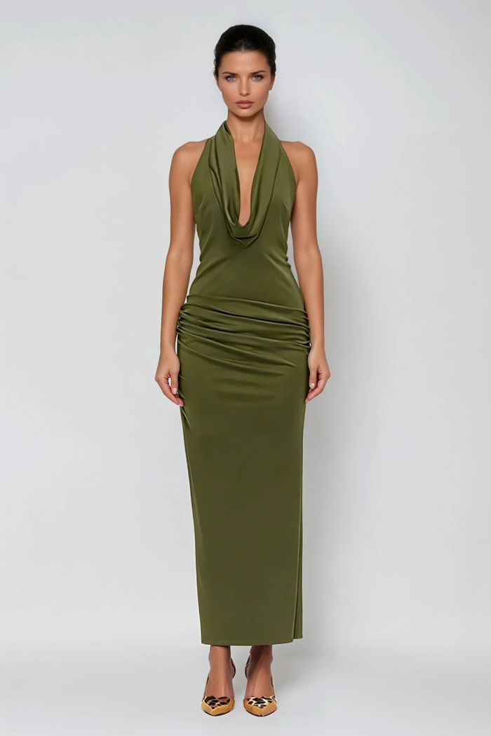 Domitianus Cowl Neck Ruch Maxi Dress
