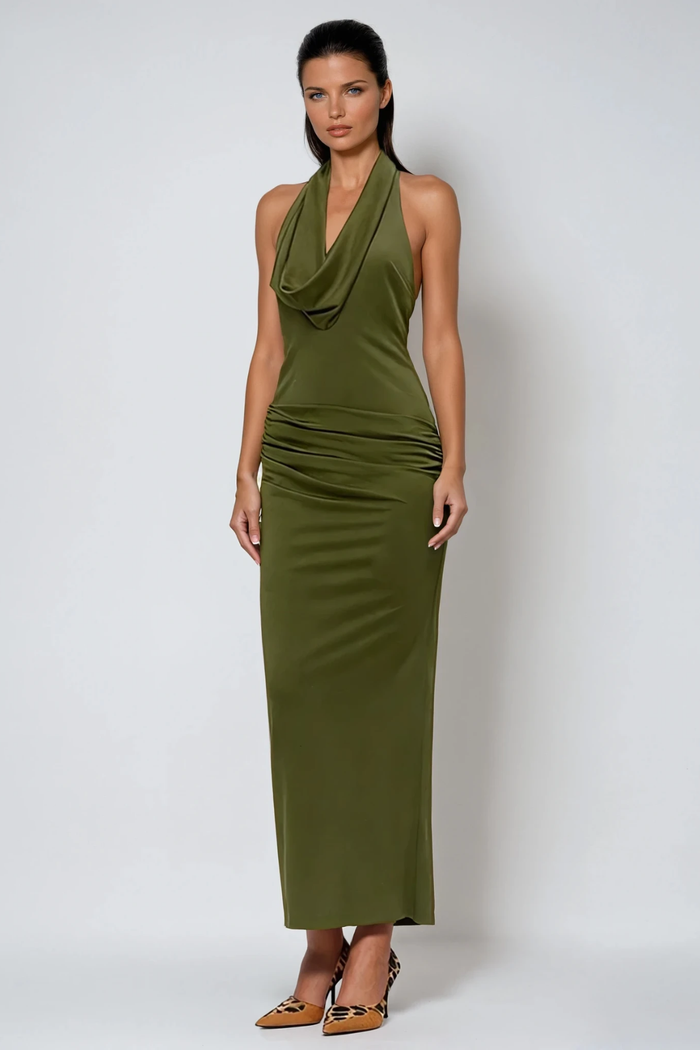 Domitianus Cowl Neck Ruch Maxi Dress