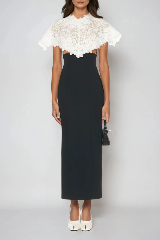 Domnica Lace Shawl Embroidered Split Midi Dress