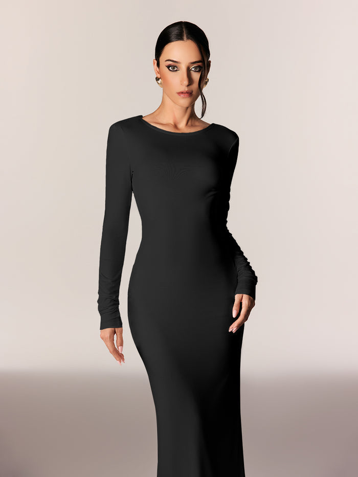 Ealasaid Backless Long Sleeve Maxi Dress In Black